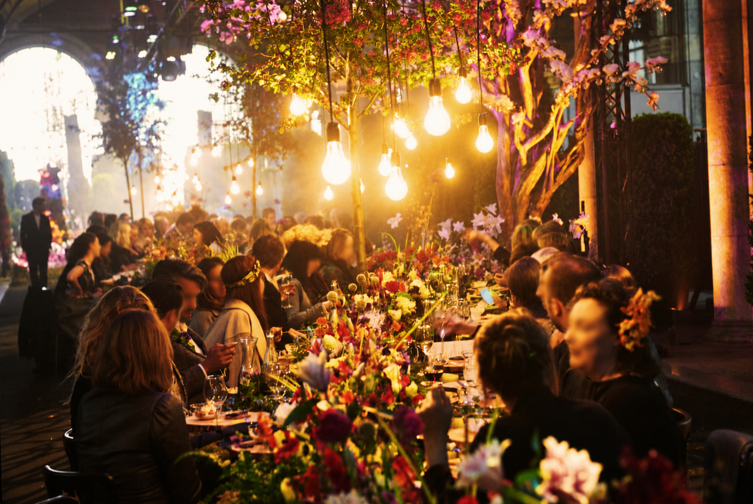 Guests gathered around a long dinner table beneath suspended lights and flowers.